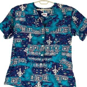 Vintage Jeri Marque Top Womens Large Green Blue Made in USA Button Up Shirt